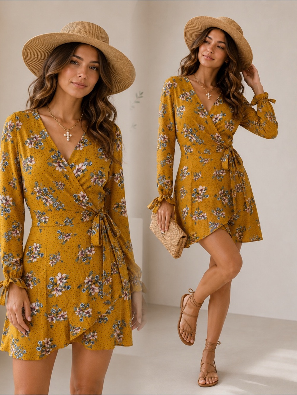 Audrey 3+1 Mustard Floral Wrap Mini Dress